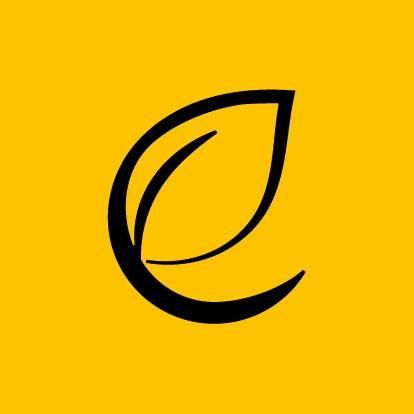 Logo stilizzato di una foglia nera su sfondo giallo