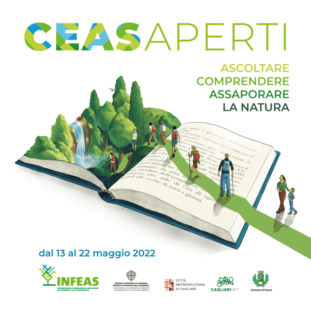 Poster CEAS aperti con un libro aperto che mostra un gruppo di persone che entrano nella natura