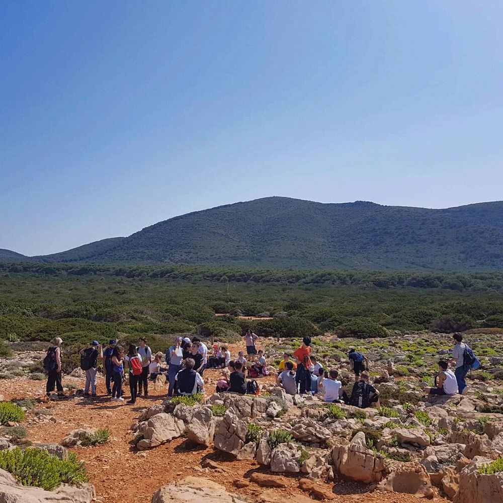 Un gruppo di persone si riunisce su un terreno roccioso con un'ampia visuale su una catena montuosa coperta di verde sotto un cielo sereno.