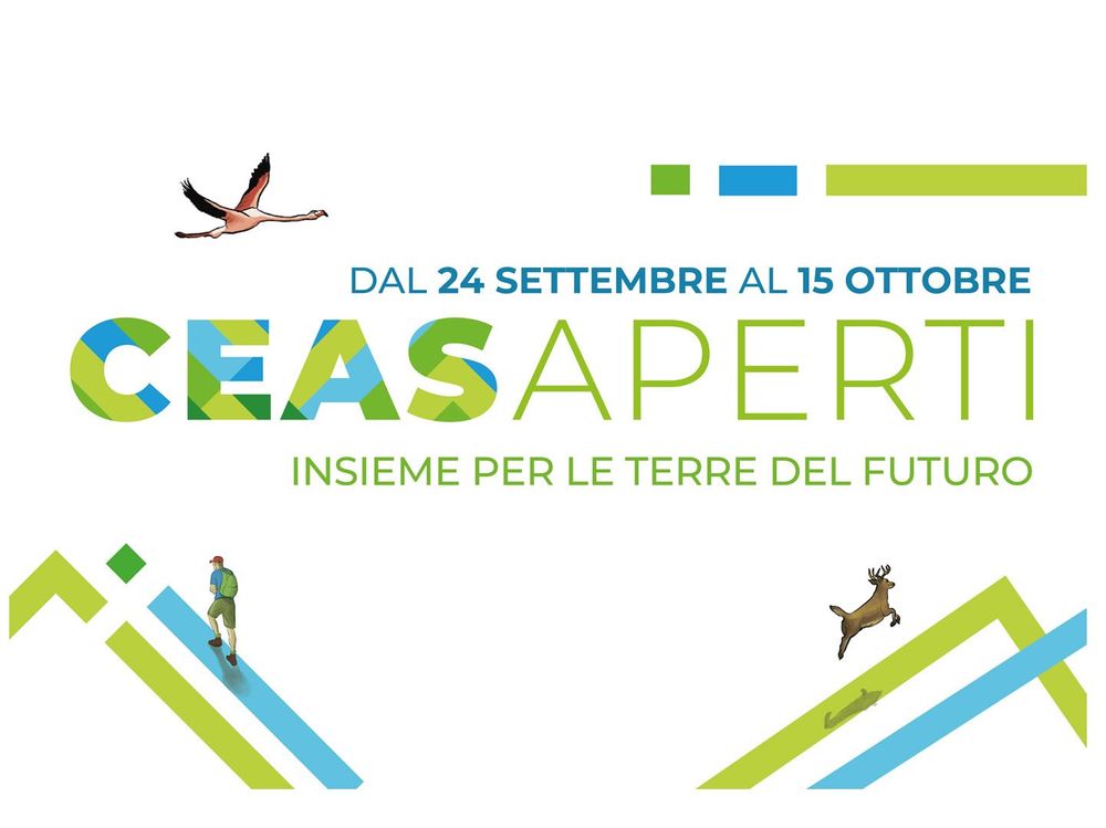 Locandina con testo colorato che annuncia un evento dal 24 settembre al 15 ottobre, con illustrazioni di un uccello, un uomo con zaino e un cervo.