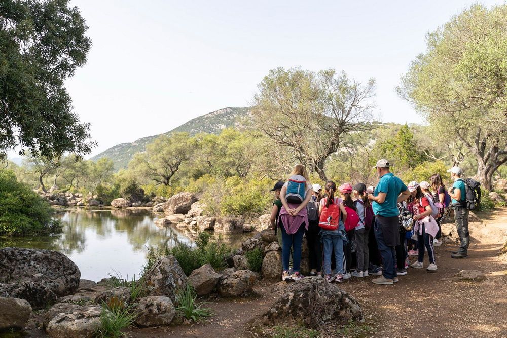 Gruppo di persone, probabilmente una scolaresca, in un'escursione nei pressi di un lago circondato da alberi e rocce, con una montagna sullo sfondo