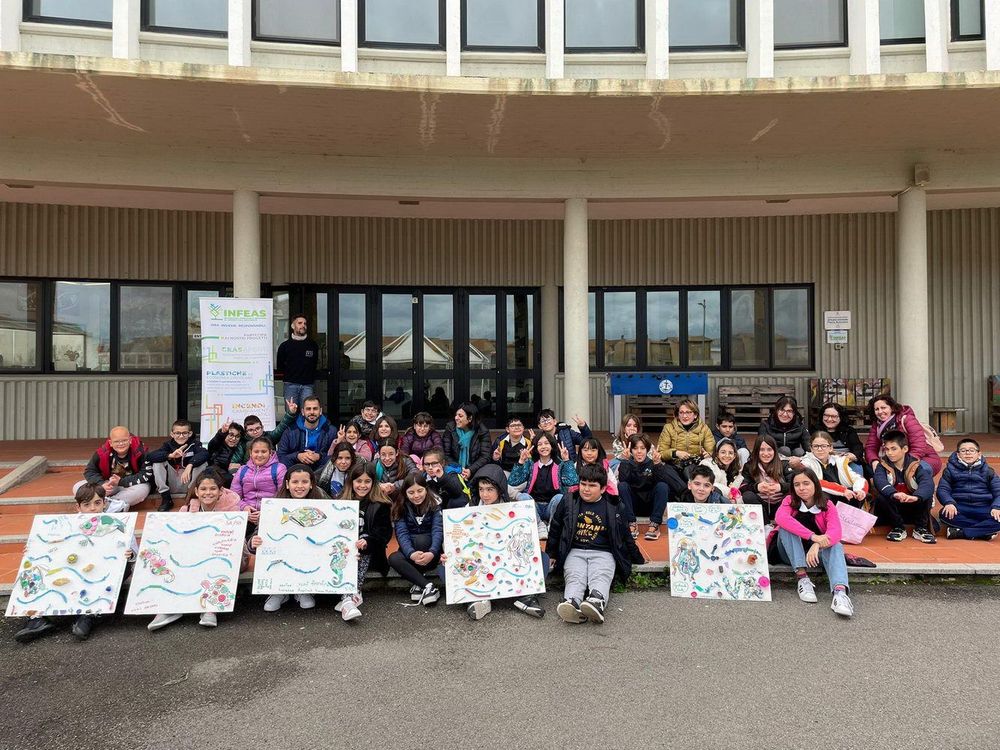 Gruppo di bambini e adulti seduti sui gradini di un edificio, alcuni con poster colorati, sorridenti e felici.