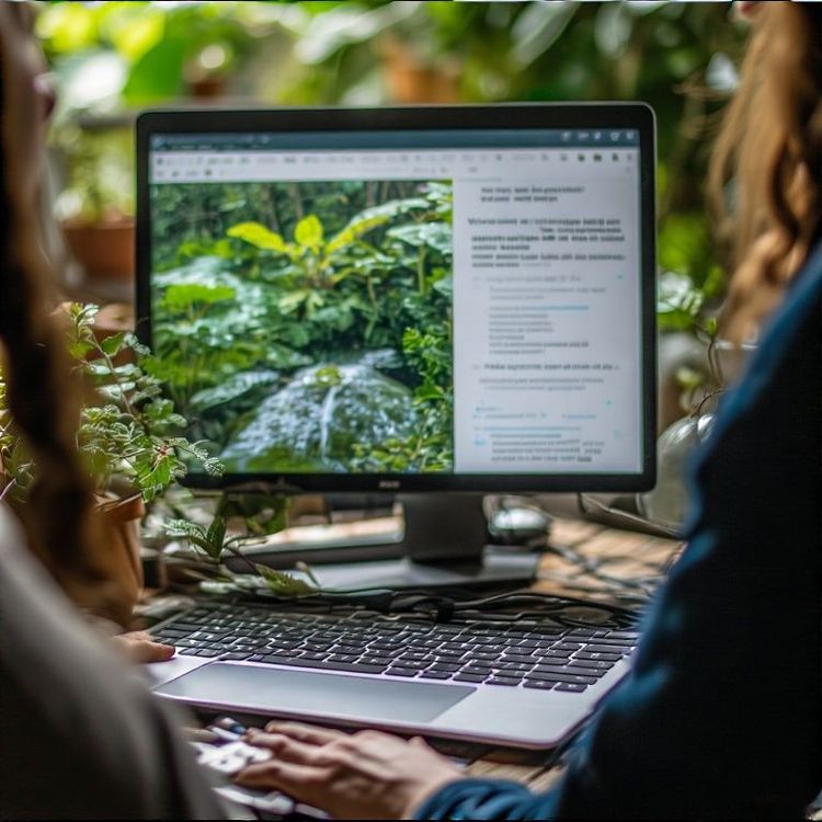 Due persone guardano uno schermo di un computer con una foto di foglie verdi e un articolo a destra, mentre una di loro scrive su una tastiera.