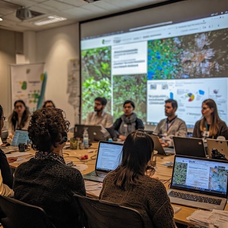 Persone riunite intorno a un tavolo con laptop aperti, guardano uno schermo grande con immagini di mappe e grafici.