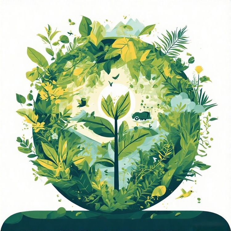 Un'illustrazione di una pianta circondata da foglie verdi e gialle, con un paesaggio e un'auto al centro, rappresentante la natura e l'ambiente.