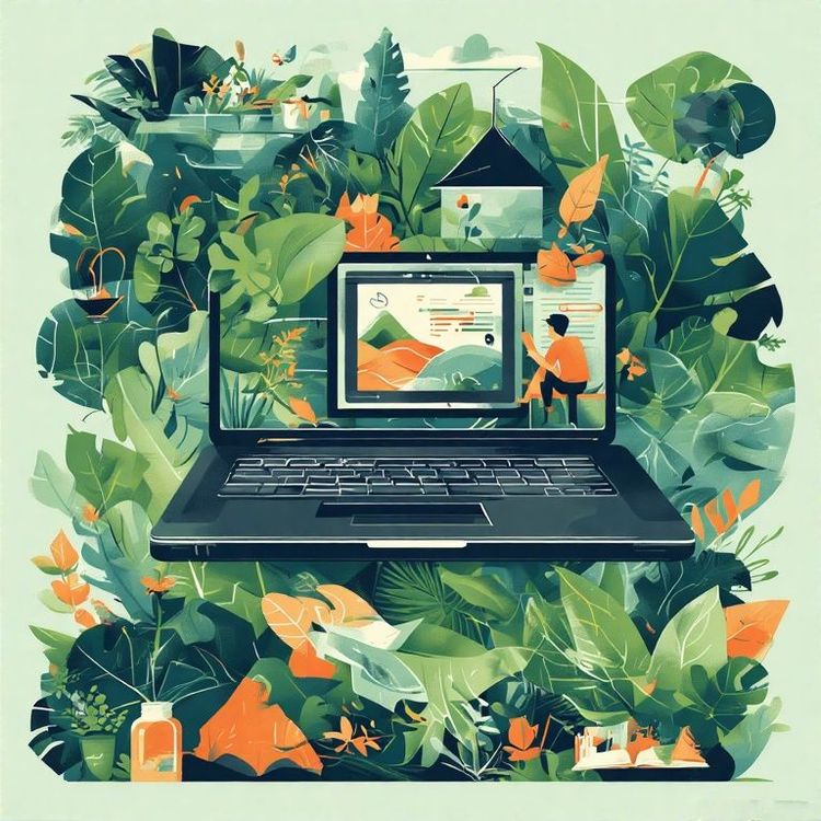 Un laptop aperto in un ambiente naturale ricco di foglie e piante verdi e arancioni, con una persona che guarda uno schermo che mostra una presentazio