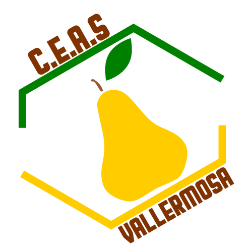 Logo C.E.A.S. Vallermosa: una pera gialla con foglia verde sotto un tetto verde e linee gialle, su sfondo bianco.